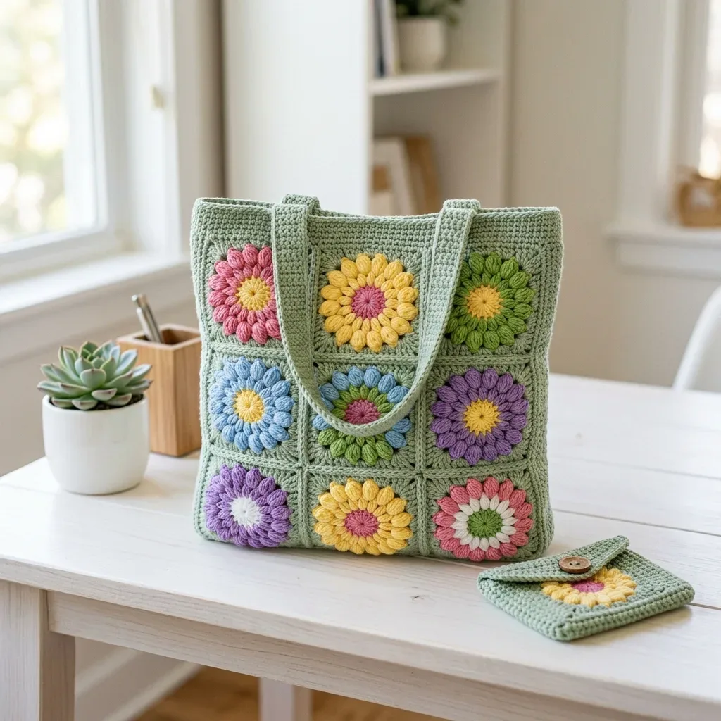 Spring garden granny square bag with puff stitch flowers