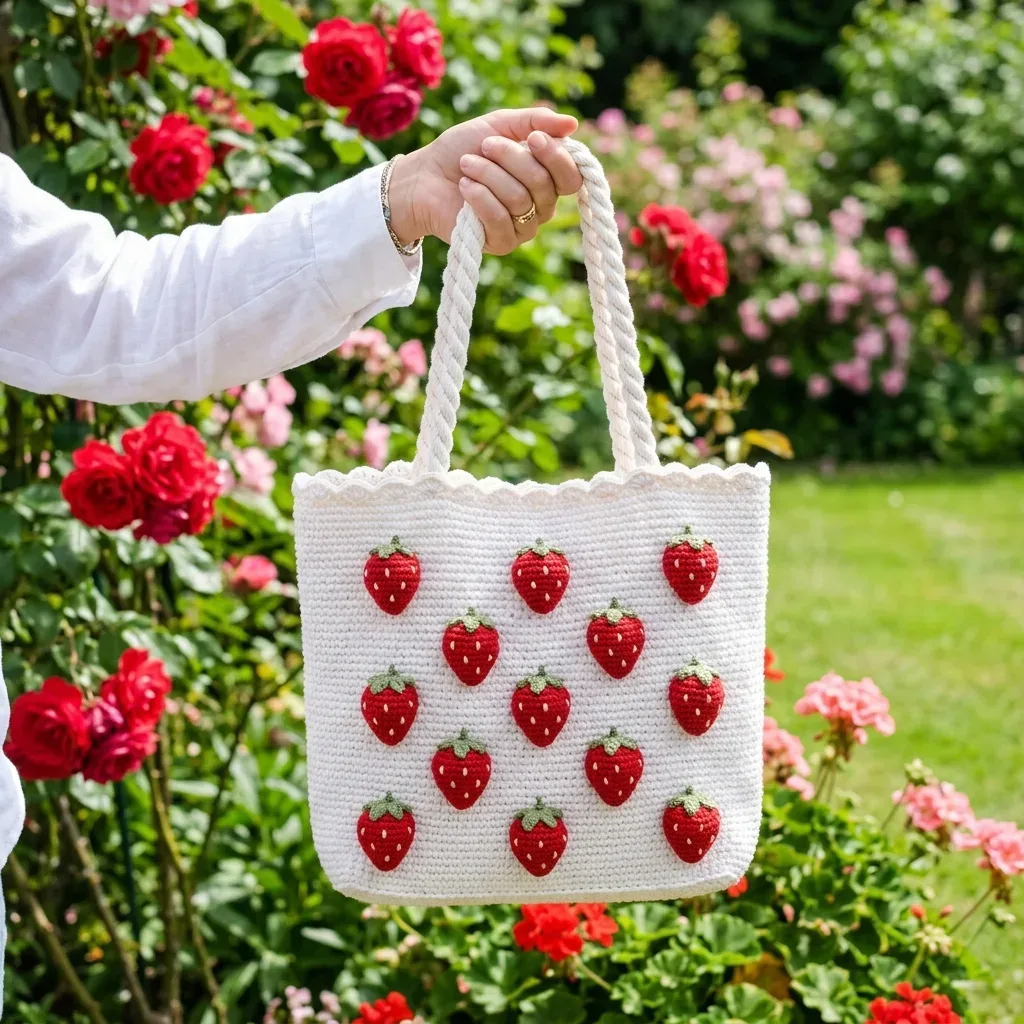 Strawberry market tote with crocheted berries and rope handles
