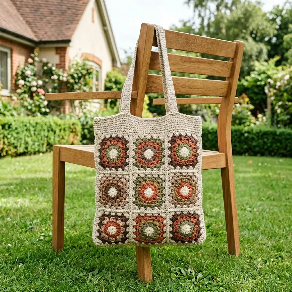 A sunburst granny square tote in earthy neutrals