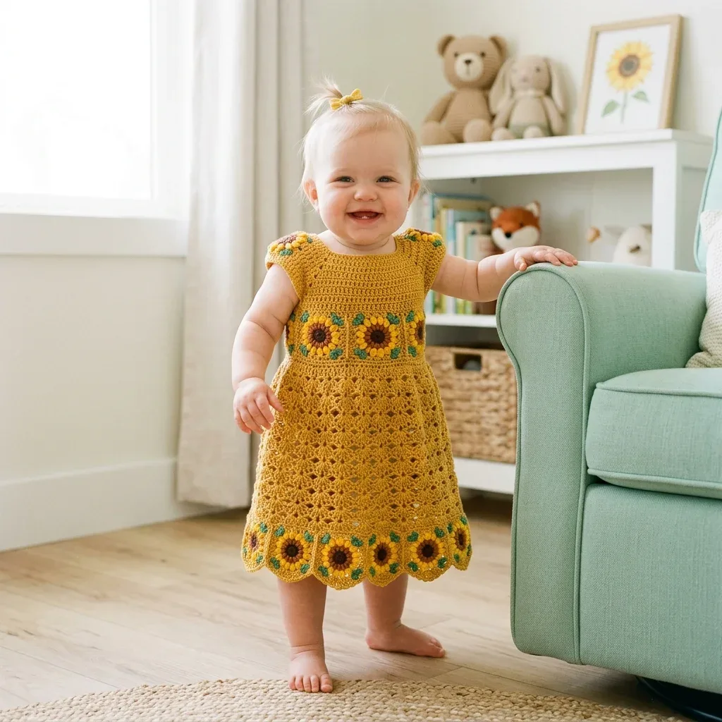 Sunflower granny square baby dress crochet pattern
