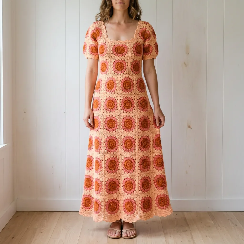 Sunflower granny square maxi dress crochet pattern