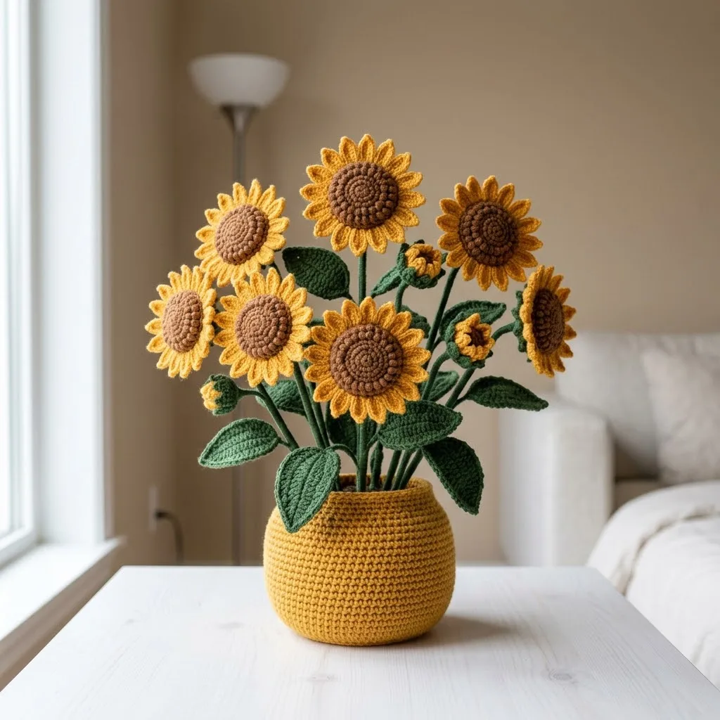 A sunny sunflower crochet pot that never needs watering