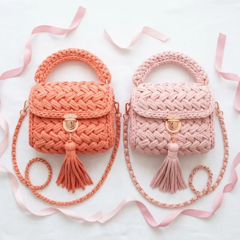 Sunset peach basket weave t-shirt yarn clutch β photo 2