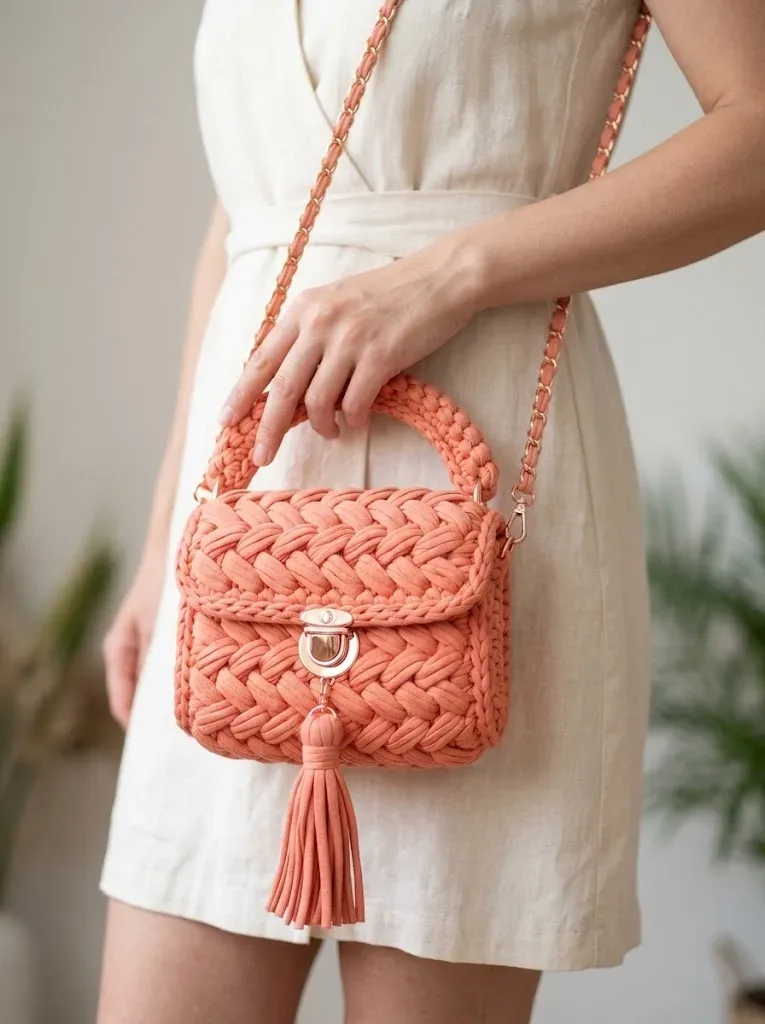 Sunset peach basket weave t-shirt yarn clutch β photo 3