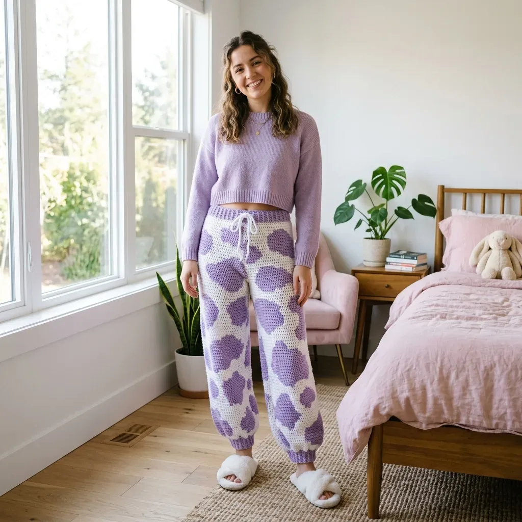 Tapestry crochet cow print lounge pants in lavender