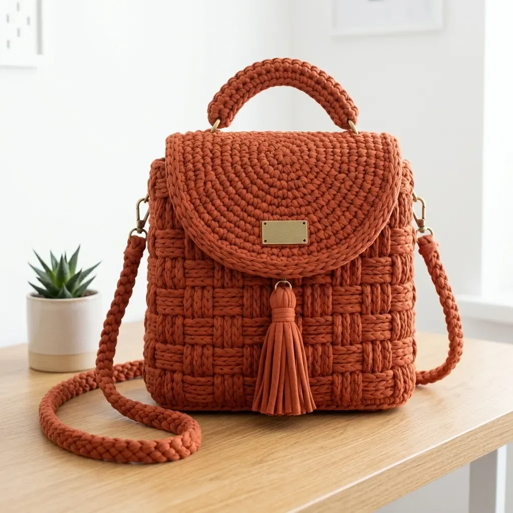 Terracotta basketweave backpack with braided straps pattern