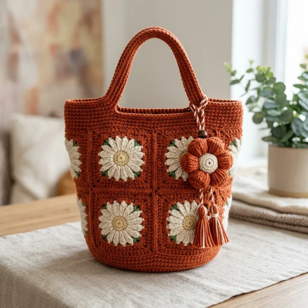 Terracotta boho flower granny square bucket bag