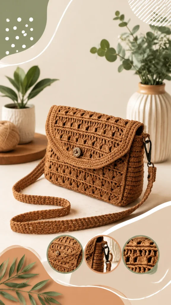 Textured crochet shoulder bag with a flap pattern